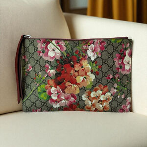 Gucci Floral Bloom GG Monogram Suede Zip Clutch Brown & Wine
